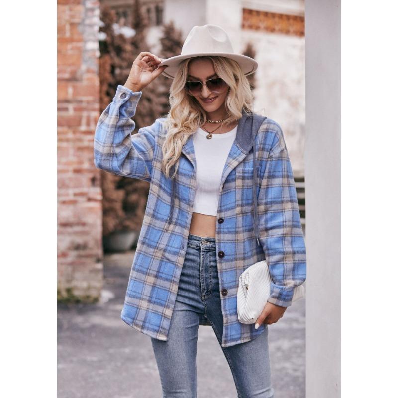 Женская мода повседневная весна-осень клетчатый принт с длинным рукавом и капюшоном блузки и рубашки