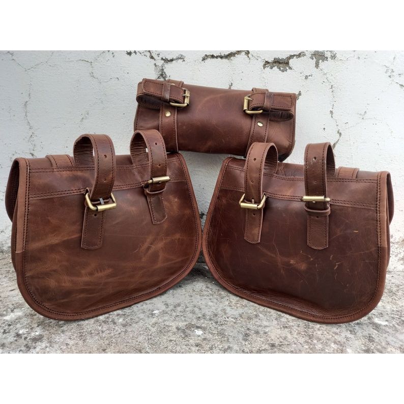 Leather Bag Saddle Motorcycle Pouch Brown Pannier 3 Saddlebag Bike Buffalo Leather Handmade Bag Set of 3 Motorcycle Bags