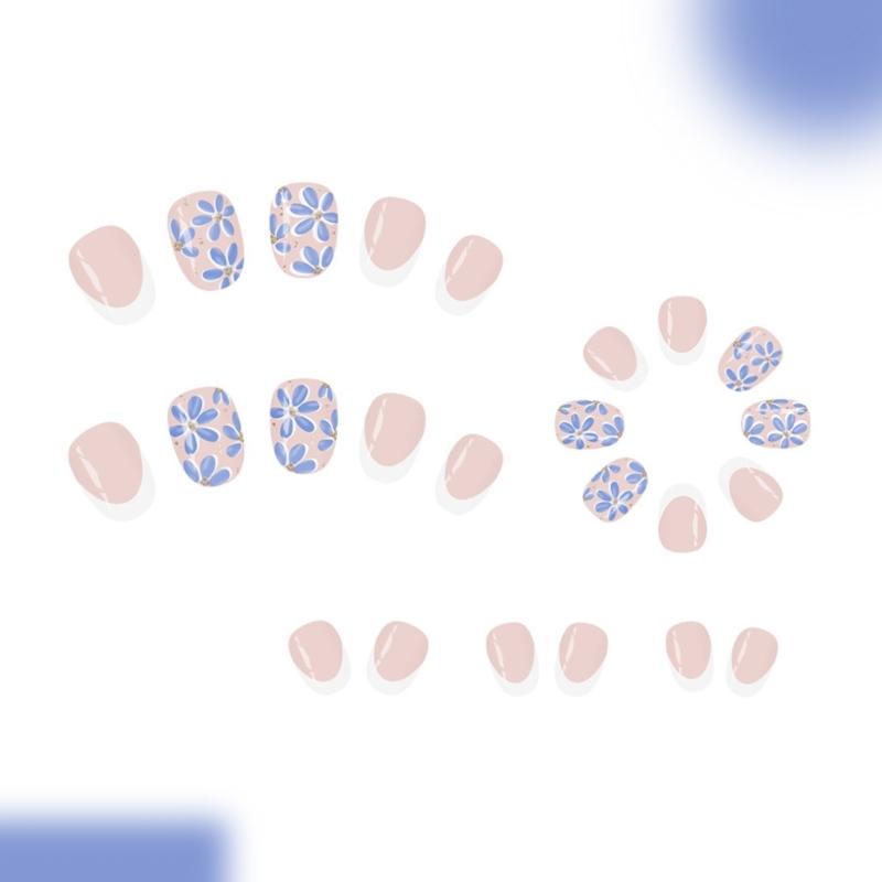 Pack Of 24 Fake Nail White French Blue Floral Glossy Short Oval Shape Press On Nail With Shimmering Finish ABS Build