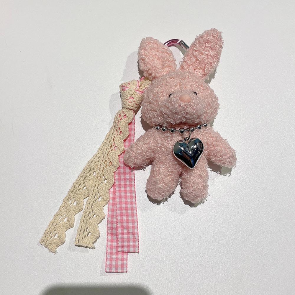 Silver Heart Plush Bag Pendant Bow Ribbon Rabbit Plush Doll Rabbit Doll Charm  Bag Decoration