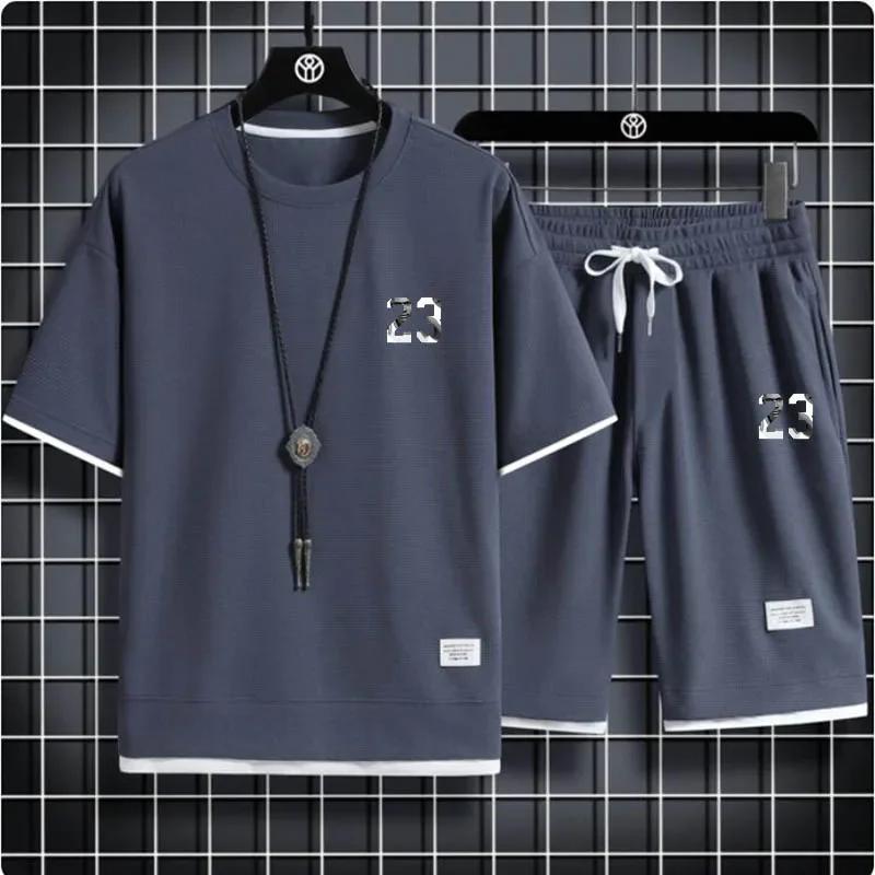 Мужской комплект из шорт с вафельным принтом, 2 шт. свободного кроя, спортивный костюм, стиль Харадзюку, летняя мода