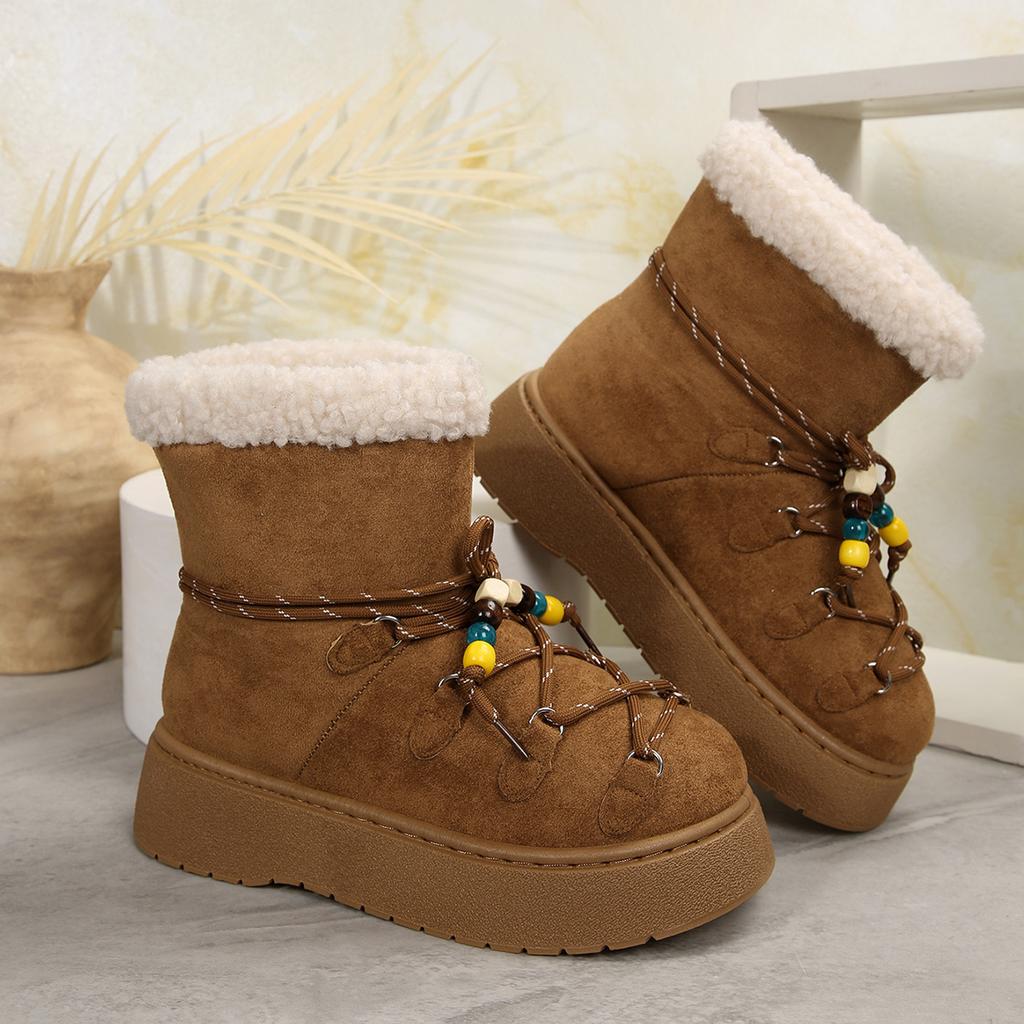 Fashion Chunky Platform Non Slip Furry Snow Boots Women 2025 Winter Soft Thick Bottom Warm Plush Ankle Boots Colorful Bead Lace Up Shoes