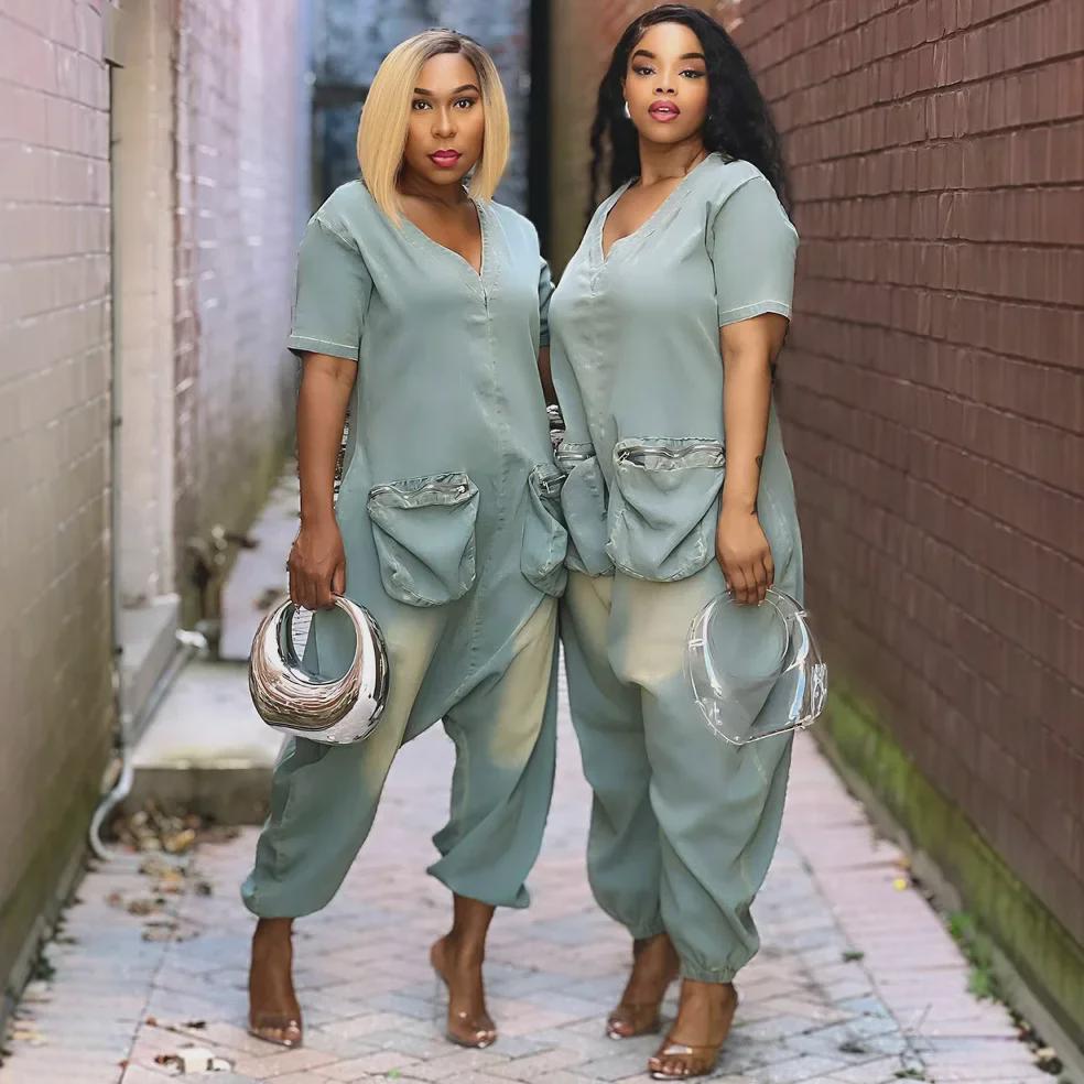 European & American Women's Loose Denim Jumpsuit with Large Pockets