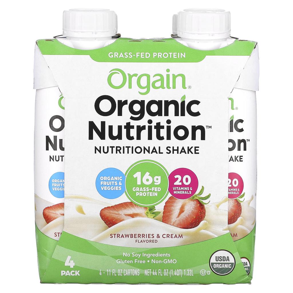 Orgain Organic Nutrition, All-In-One Nutrition Shake, Strawberries & Cream, 4 Packs, (11 Fl Oz) Each