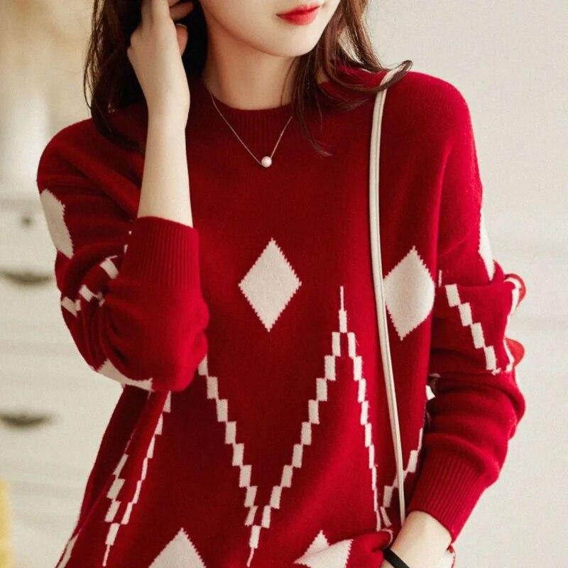 Жаккардовый свитер с ромбовидной лестницей, женский пуловер 2022, новый пуловер с напуском и круглым вырезом, женский свитер с длинными рукавами