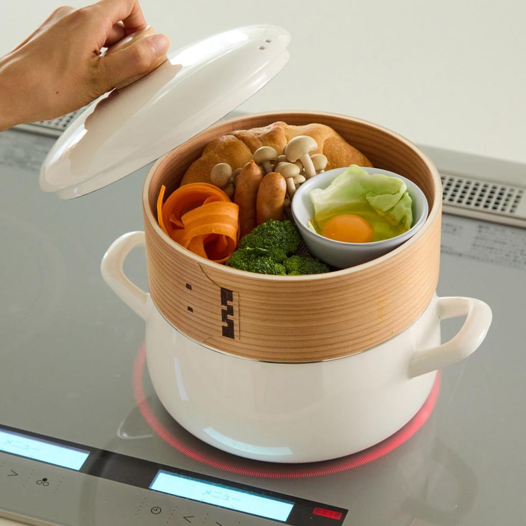 Эмалированная кастрюля Fuji Enamel с пароваркой, совместимая с прямым нагревом и индукцией, 20 см, серо-бежевый, совместимая,