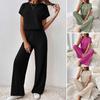 Women's Two Piece Knit Set Short Sleeve Sweater Top Wide Leg Pants Lounge Sets Ribbed Knitted Casual Outfit for Spring Autumn
