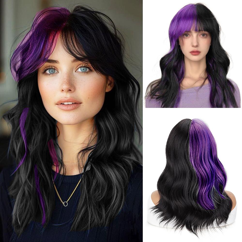 MERISIHAIR Purple Mixed Black Wigs Synthetic Wavy Wig With Bangs Extension Natural Looking Short Wig For Women Cosplay Party Wear
