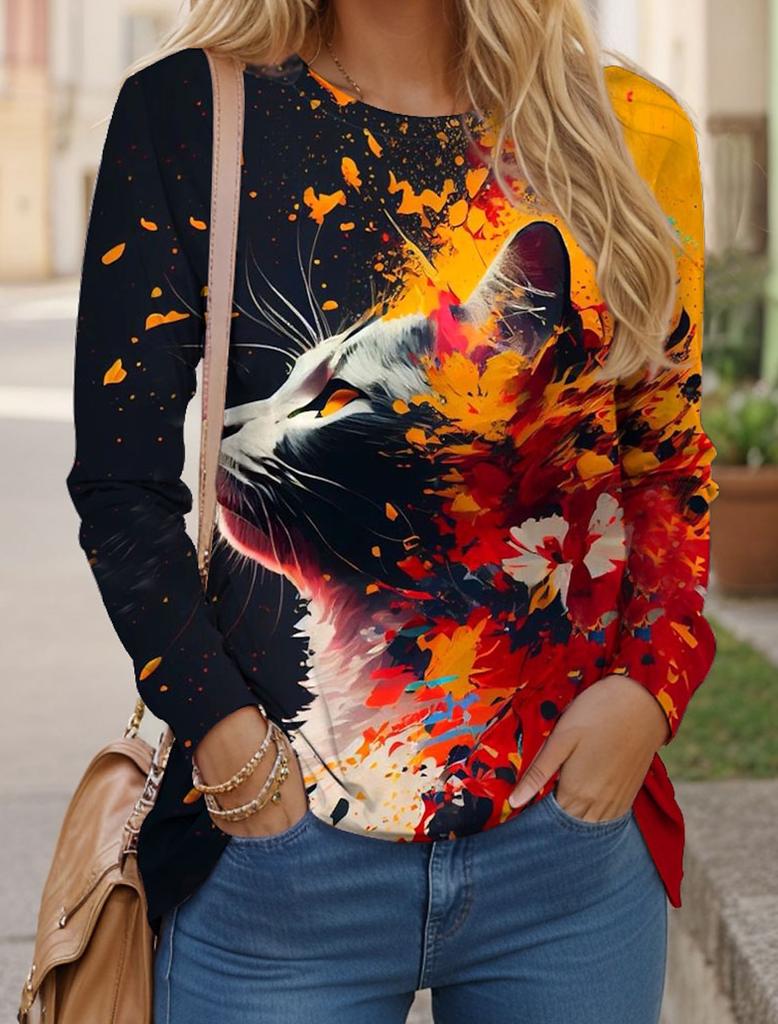 Women's T Shirts 3D Print Art Design Cat Pattern Long Sleeve Daily Weekend Fashion Funny Round Neck Regular Fit Spring & Fall