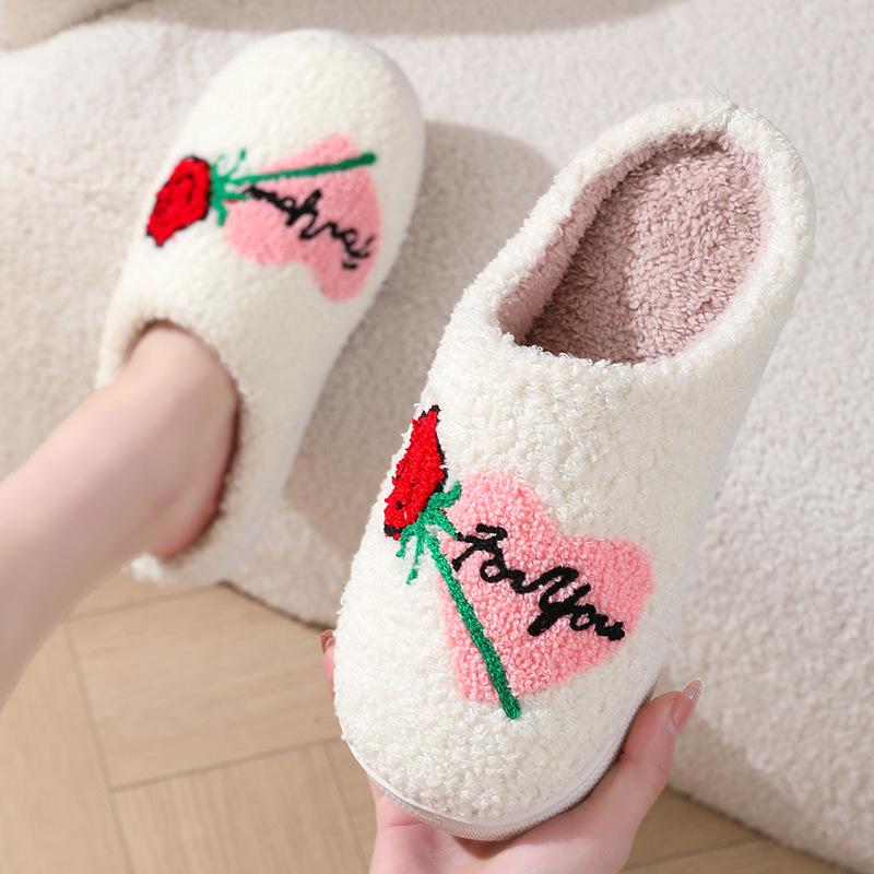 2024 Новые пушистые тапочки для мужчин и женщин с рисунком роз, зимние теплые хлопковые тапочки с обхватом пальцев, для пар, для дома, на плоской подошве, нескользящая обувь для дома