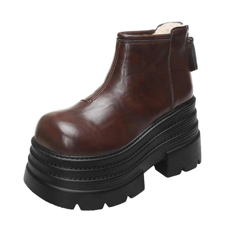 Мода 10 см Новые женские зимние массивные ботильоны, снежные ботинки на высокой платформе, меховая обувь на танкетке, плюшевые теплые короткие ботинки, кожаные челси ботинки