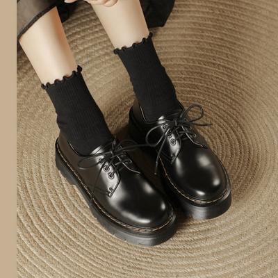 Туфли из черной кожи в британском стиле, на толстой подошве, в стиле колледжа, женские, на шнуровке, на платформе