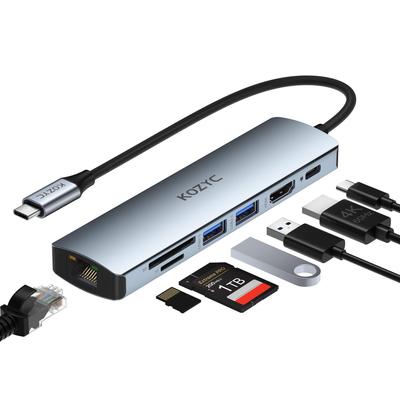 USB C Hub Multiport KOZYC USB C Hub 7 в 1 HDMI 4K 1 Гбит/с RJ45 2 USB Data Card Совместимость с Macbook Адаптер, USB-C - 60 Гц, Ethernet, 3.0 Порты,