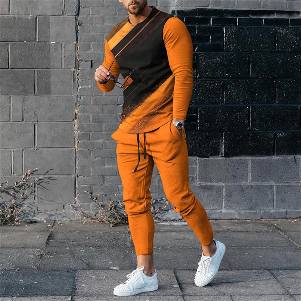Мужской винтажный спортивный костюм на весну и осень, повседневный комплект из двух предметов: футболка с длинным рукавом и брюки, уличная спортивная одежда 2024 года
