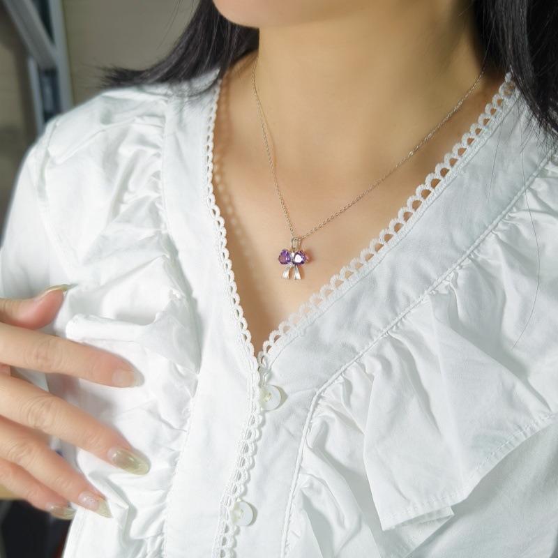 S925 Sterling Silver Bowknot Pendant Necklace with Natural Crystal Love Heart Design Romantic Jewelry Gift for Women Anniversary