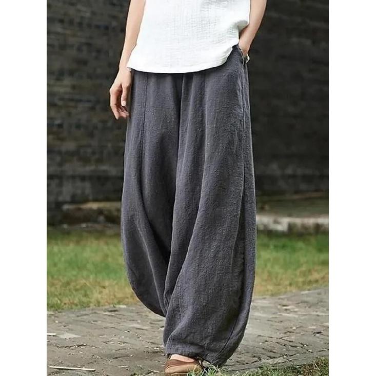 2026 Cotton Linen Bloomers Wide Leg Pants Women Vintage Full Length Fashion Elegent Pants Solid Elasitic Waist Spring Autumn 5XL