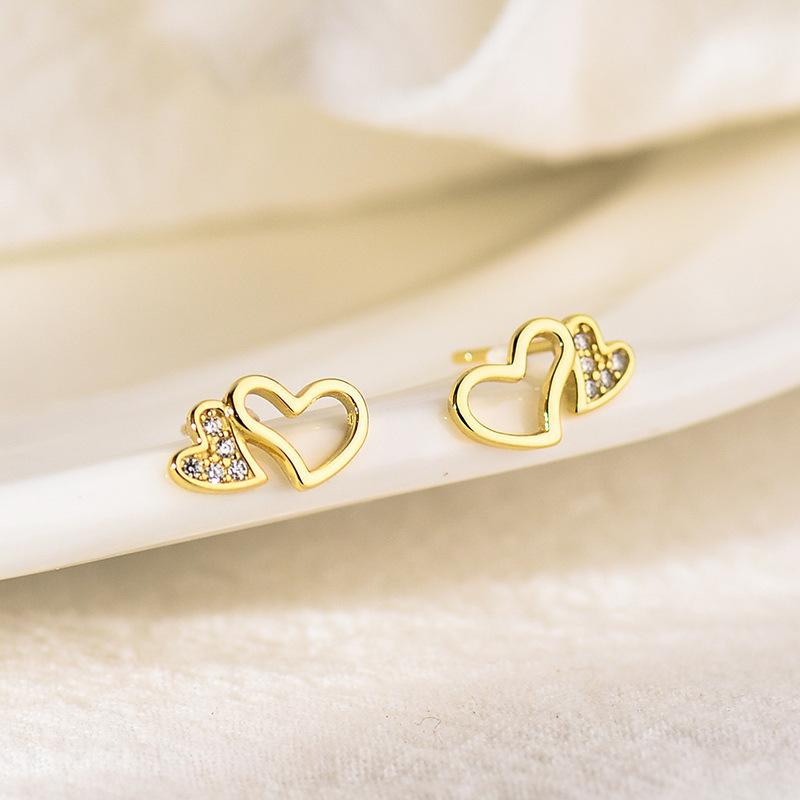 Серьги в форме полого сердца с бриллиантами Двойные серьги в форме сердца Маленькие милые серьги Новый стиль Легкая роскошь