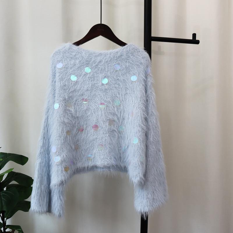 Осень и зима новый свитер с пайетками, милый, мягкий, ворсистый, из искусственного норкового флиса, пуловер, круглый вырез, нежный вязаный свитер-топ женский