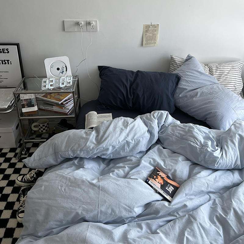 60 Thread Count Washed Cotton Solid Color Woven Four Piece Bed Sheet Fitted Sheet Style Simple and Fresh Three Piece Student Bed Set