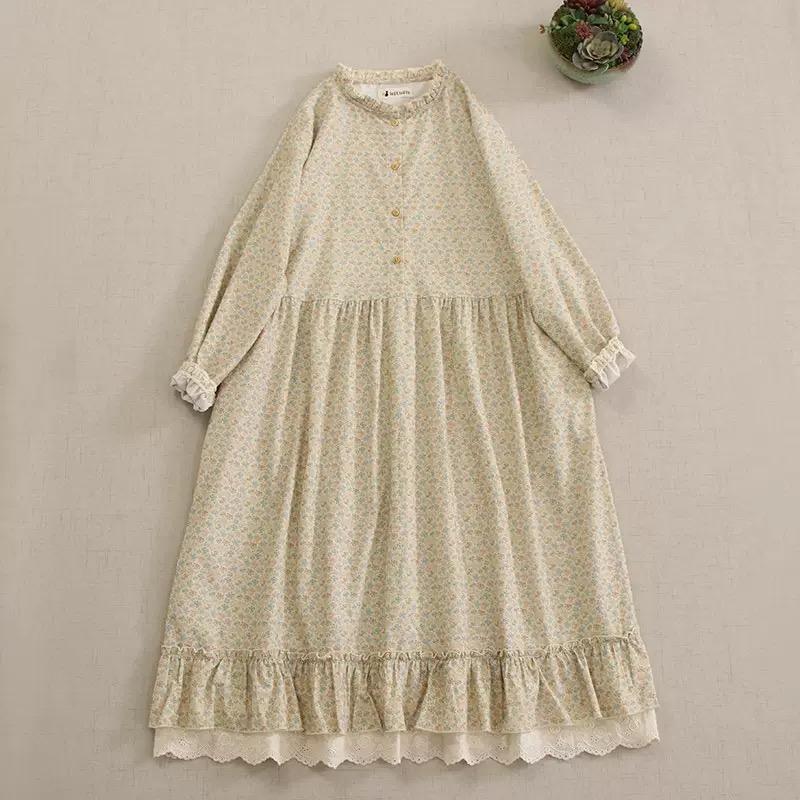 Японское платье с принтом Mori Girl Art, красивое весеннее женское платье из хлопка и льна, новое цветочное платье, свободное платье с длинными рукавами, платье-миди