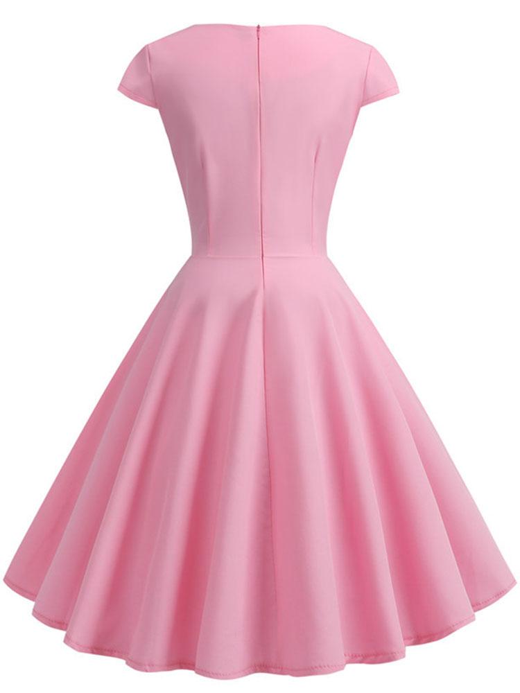 Pink Summer Dress Women V Neck Vintage Robe Elegant Retro Pin Up Party OffiAe Midi Dresses