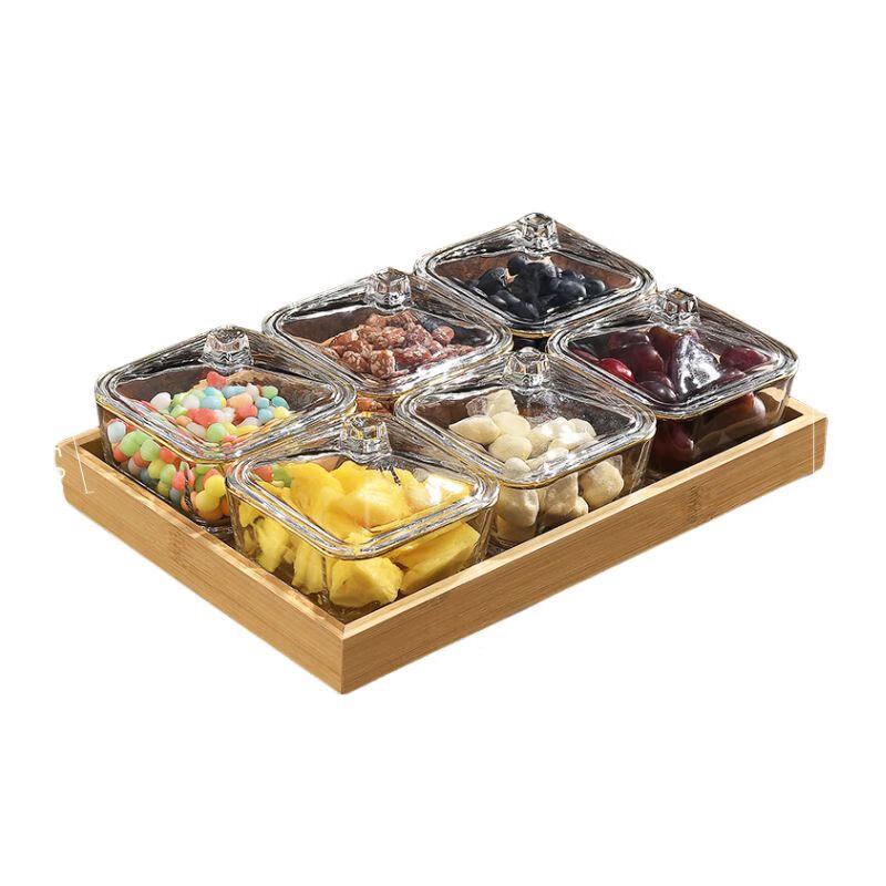 Qianxing Gold Rim Glass Divided Serving Platter with Lid and Tray