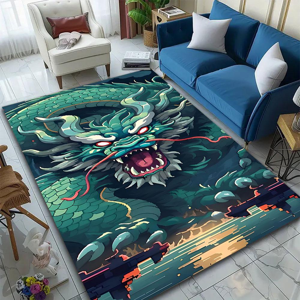 "Epic Green Dragon in Stormy Sky" Patterned carpet, suitable as a non slip play mat for the living room and bedroom sofa