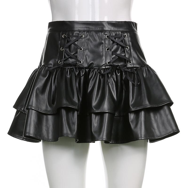 Punk Style PU Leather Mini Skirts Women High Waist Lace Up Black Pleated Skirt Streetwear Korean Style Leisure A-line