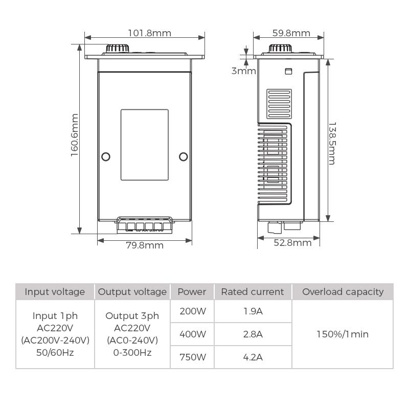 VFD Mini 200W 400W 750W Input 1-phase Output 3-phase 220V WIth RS485 Variable Frequency Drive Motor Speed Controller AC Inverter