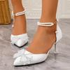 Модные Новые Туфли на Высоком Каблуке для Девочки Свадебные Летние Новые Бант Жемчужная Цепочка Подружка Невесты с Юбкой Французский Острый Носок Одинарные Туфли