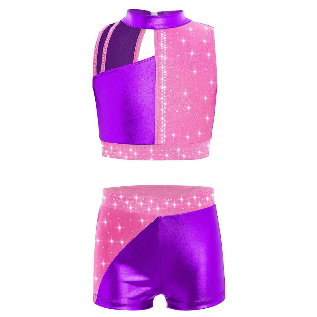 Girls Rhinestones Crop Top Mock Neck Sleeveless Metallic Color Block Shorts Dance Gymnastics Outfit