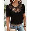 Летние кружевные лоскутные полые блузки и рубашки женские с круглым вырезом и короткими рукавами, однотонные