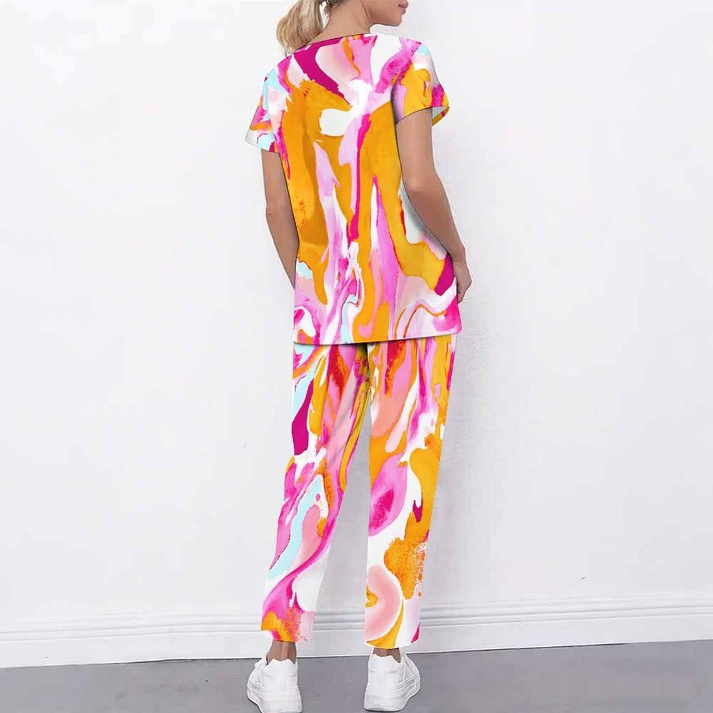 Women Plus Size Pink Orange Printed Cutout Neck Short Sleeve Scrub Set Pocket Top Long Pants