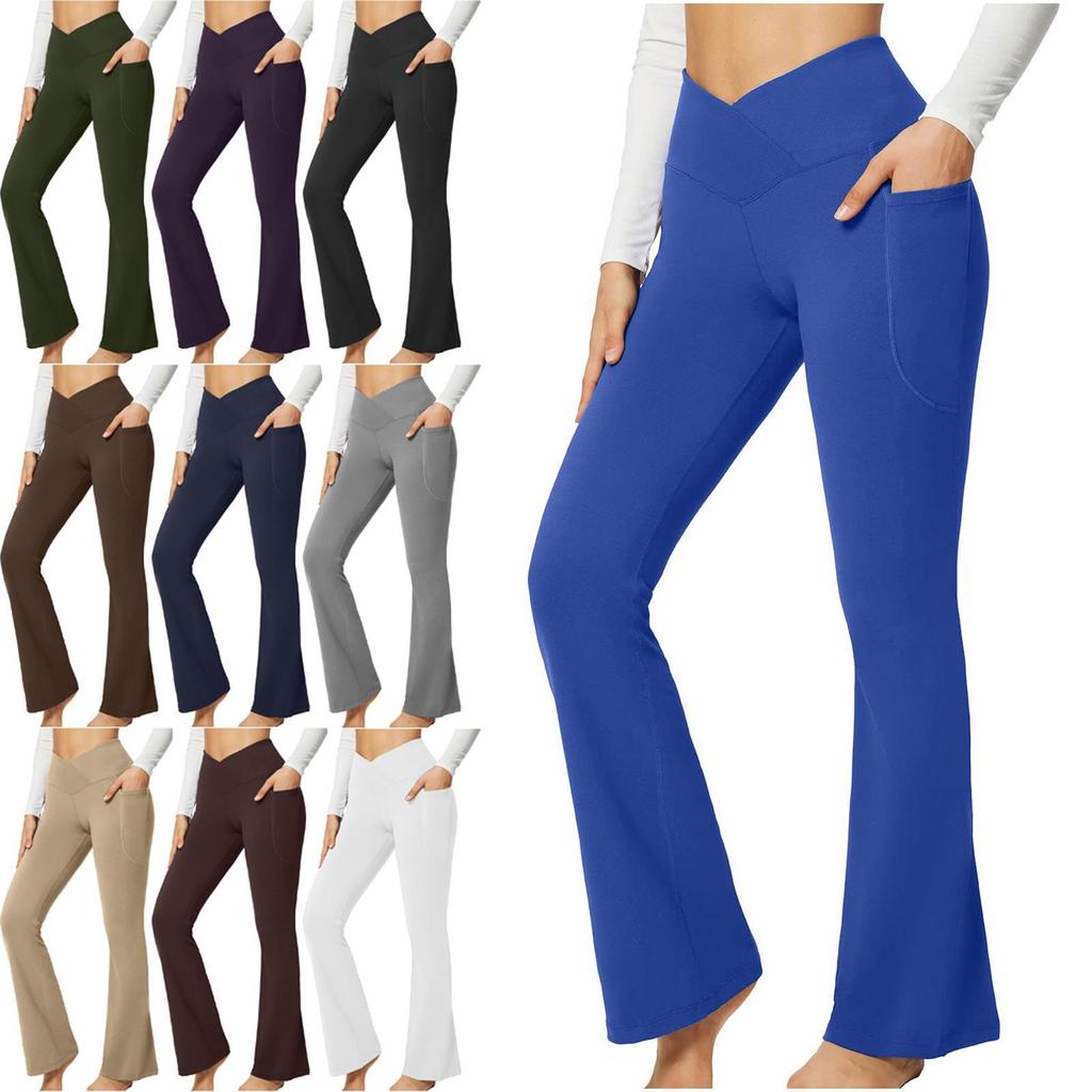 Fashion Women Solid Fitness Leggings High Elastic Waist Pocket Sexy Slim Flared Pants Lady Sport Workout Streetwear Pants