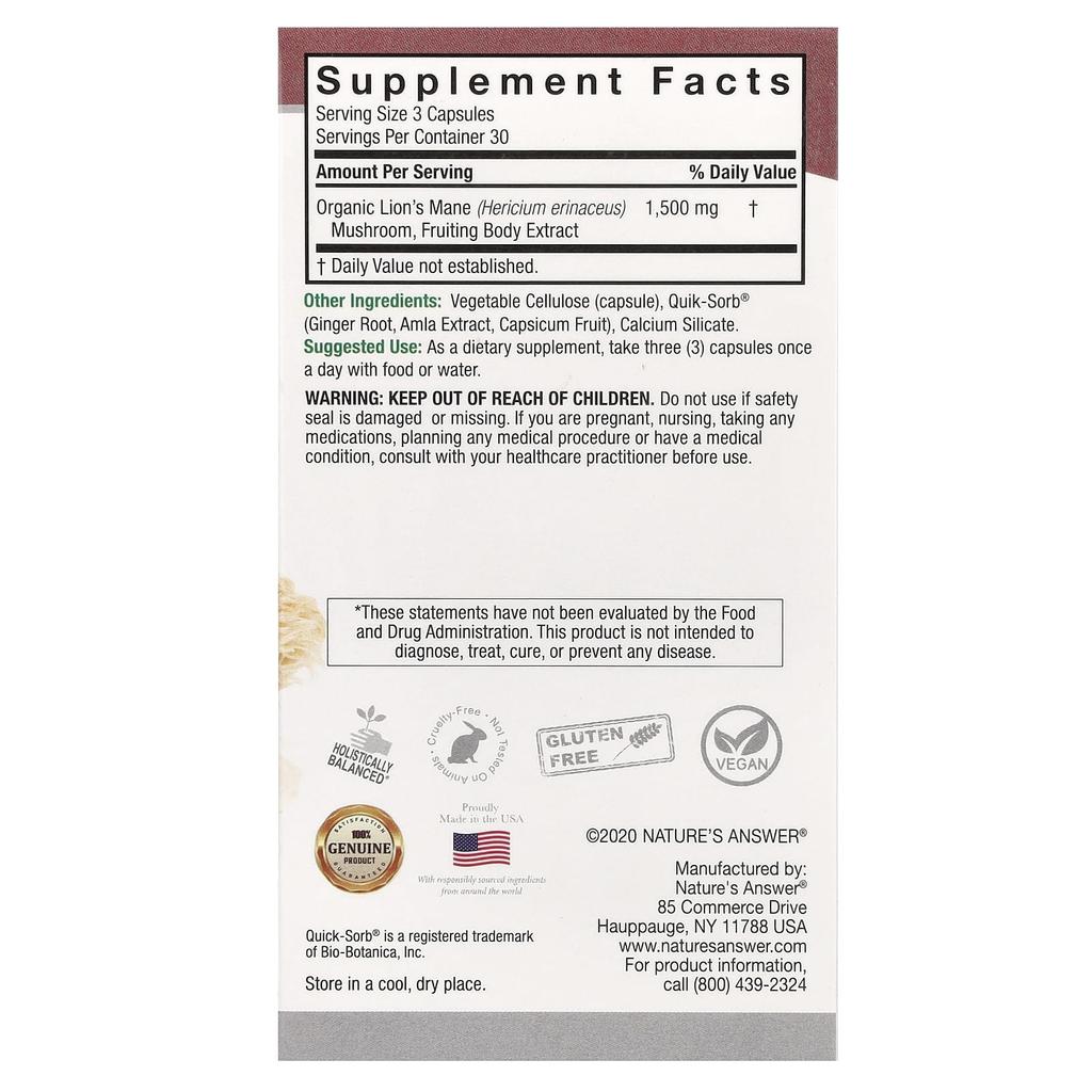 Nature's Answer Helicopteric Mane Mushroom, 1,500mg, 90 Veggie Capsules (500mg Per Capsule)