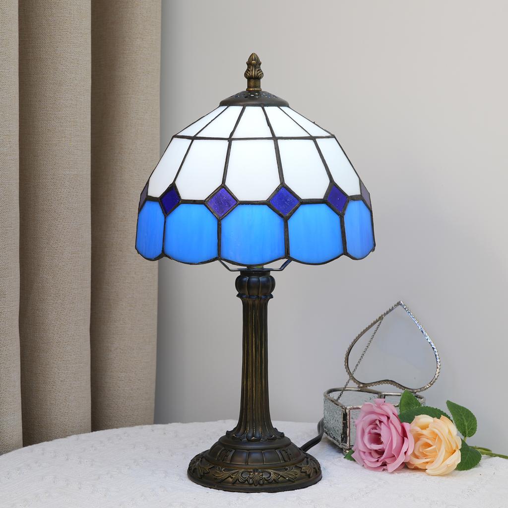 8 Inch Sea Blue Mediterranean Tiffany Style Stained Glass Small Table Lamp Lampshade Table Lamp Desktop Led Light