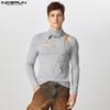 Men Turtleneck Long Sleeve Hollow Cutout Tops Slim T-shirts
