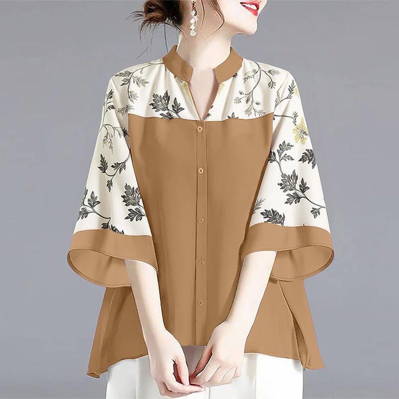 ZANZEA Женская повседневная блузка с V-образным вырезом, свободного кроя, с принтом и вставками, рукав 3/4