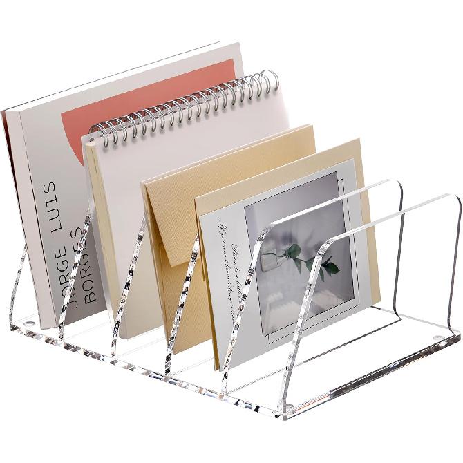 SANRUI Acrylic Mail File Organizer Sorters for Desk, 3 Upright Compartments Laddered Clear Desktop Vertical Letter Holder, Multifunction Envelope