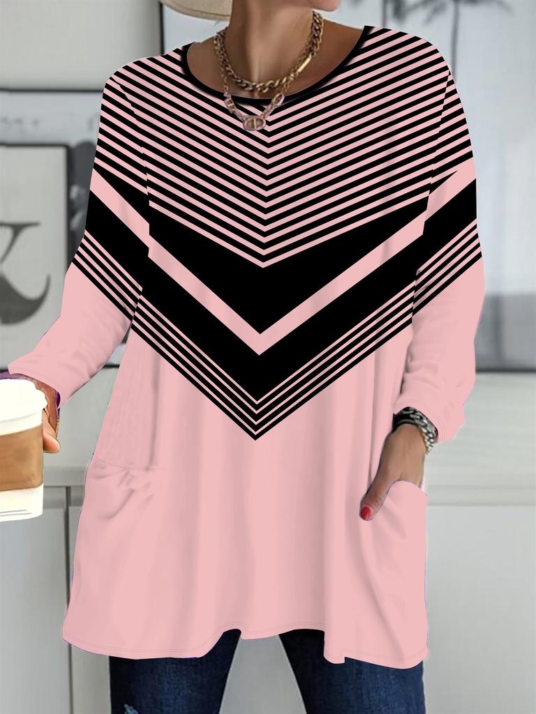 2025 Autumn Winter New Plus Size Women's Tops, Minimalist 3D Print Fashion Crew Neck Long Sleeve T-Shirts