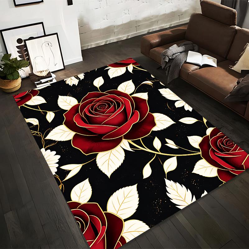 Large Red Roses Pattern Carpet with Black Background and Gold Accents Suitable for use as an anti-slip for living room bedroom sofas