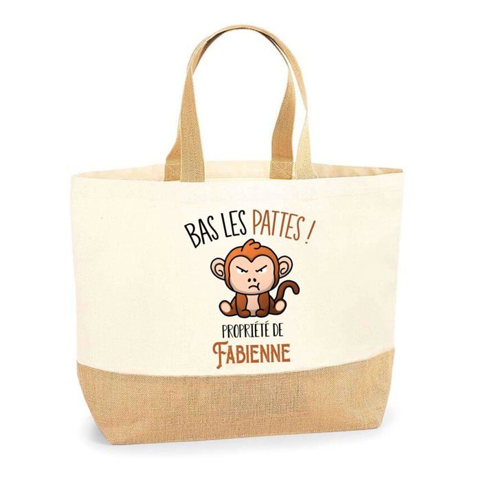 Sac cabas - PLANETEE - Fabienne Bas les pattes Singe - Jute imprimé France - Anses solides - Grande contenance