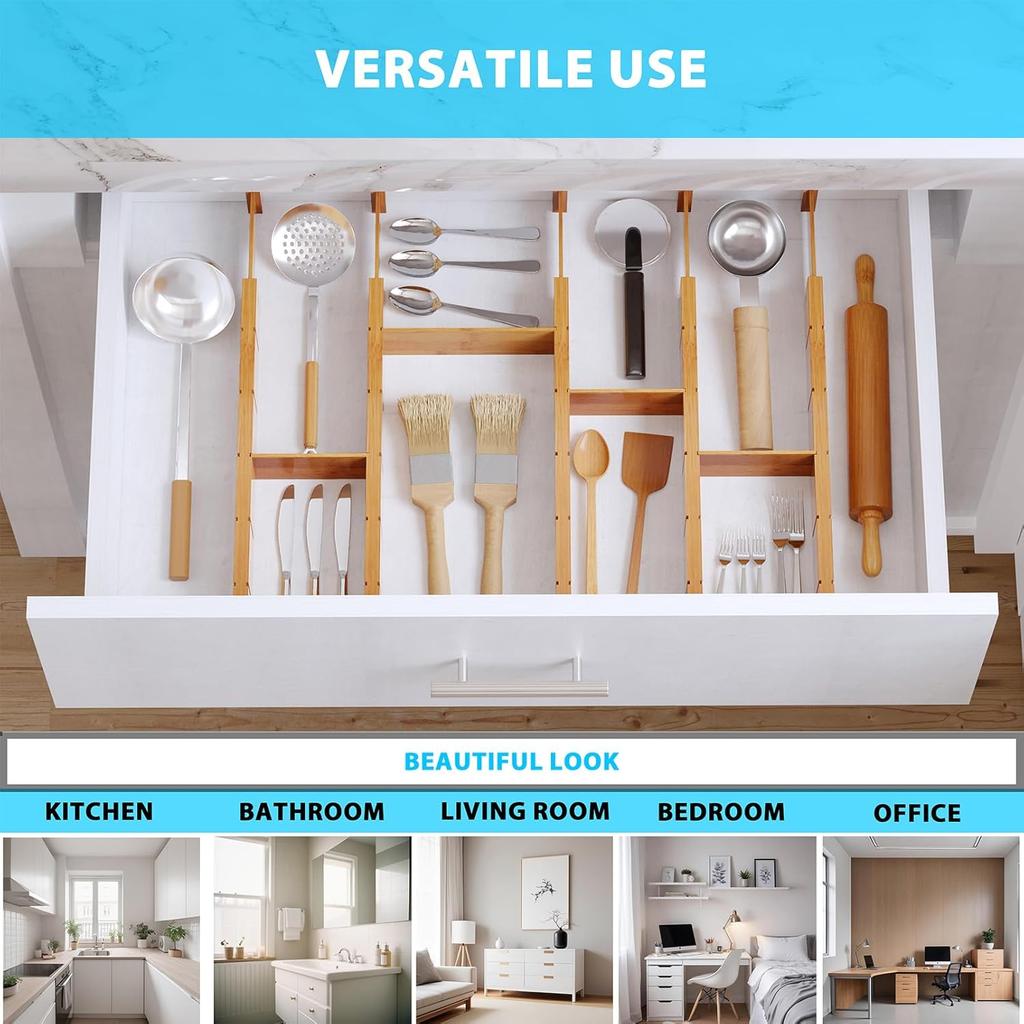 6 Pack Bamboo Drawer Dividers with 12 Inserts, Adjustable Organizer for Dresser, Kitchen, Bedroom (Natural)