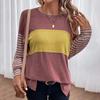 Women T-shirt Round Neck Long Sleeve Striped Contrast Color Loose Fit Tee Shirt Stretchy Breathable Pullover