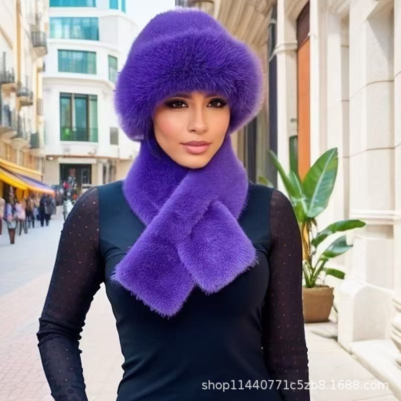 Комплект из 2 предметов/1 женский, утепленная шапка из искусственного меха и шарф - полиэстеровый трикотаж, зимние утеплители для ушей с застежкой-кнопкой, модный монгольский стиль