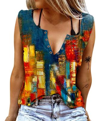 Женские майки, сексуальные летние топы без рукавов с V-образным вырезом, жилет с 3D принтом, разноцветные топы с масляной живописью