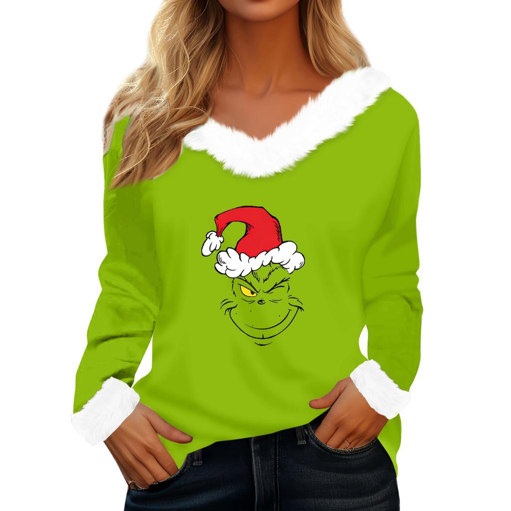 Women's T Shirt Tee Christmas Shirt Long Sleeve Party Christmas Print Fleece Collar V Neck Top