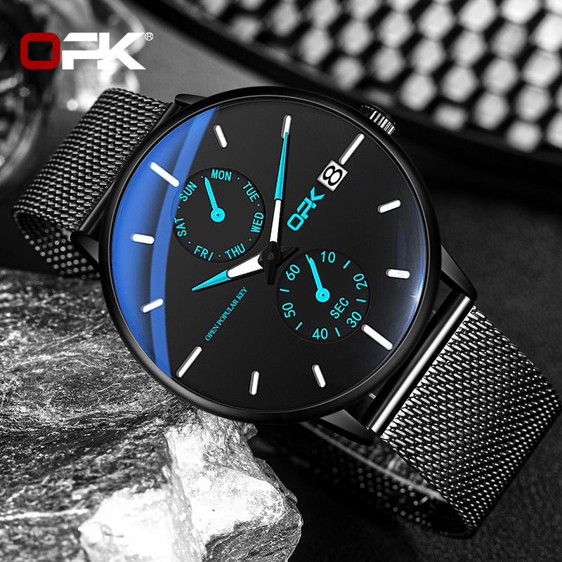 OPK 8116 Fashion Original Quartz Watch for Man Waterproof Luminous Steel Mesh Strap Date Week Man Wristwatch