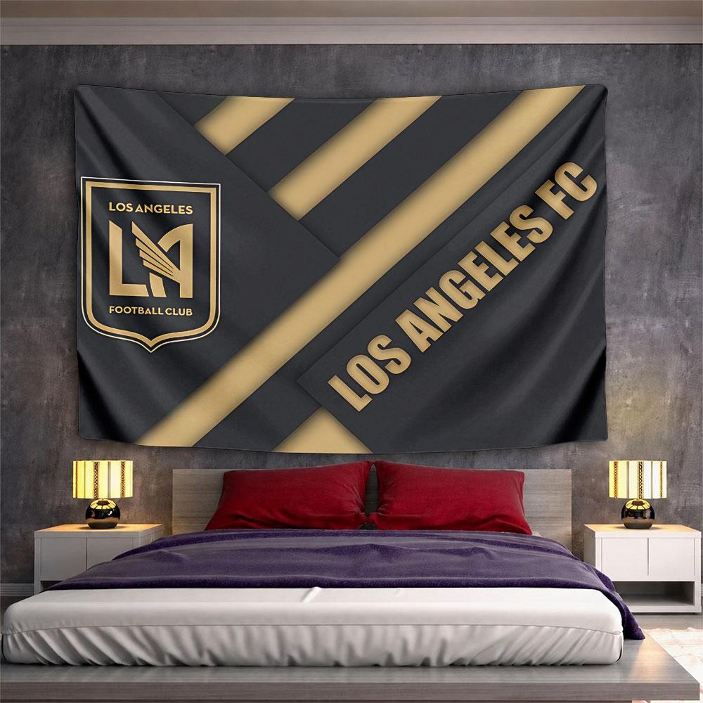 Black background with gold LAFC logo and diagonal stripes. Patterned tapestry for bedroom and living room home decor