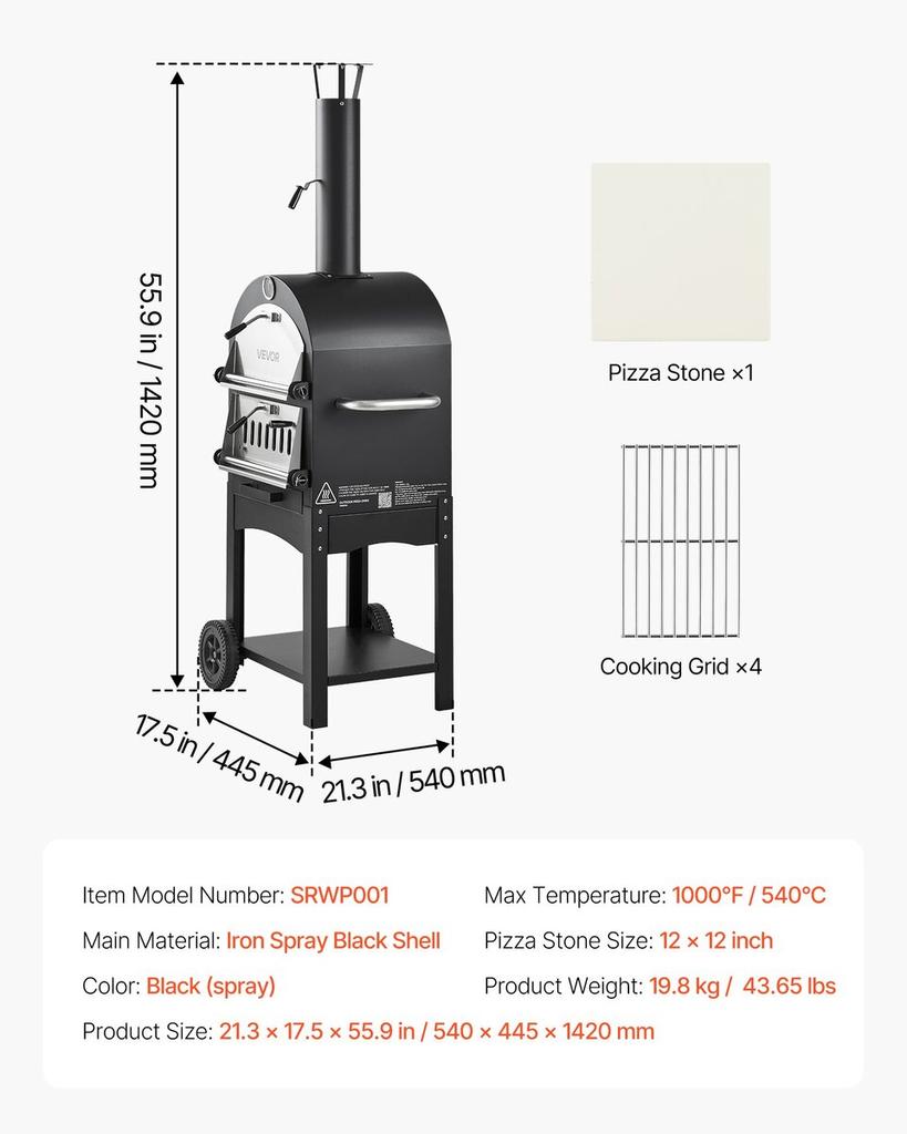 Outdoor Pizza Oven, 12" Pellet Fire Ovens, 2-Layer Pizza Oven Wood Fired, Wood Burning Outdoor Pizza-Oven with 2 Removable Wheels, 1000 Max